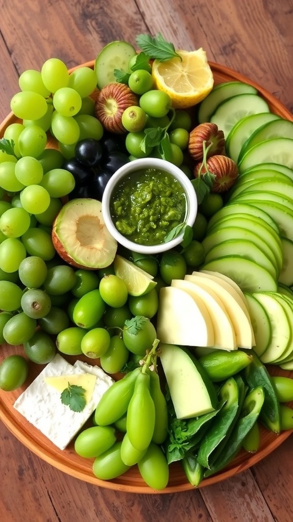 A vibrant green charcuterie board with grapes, cucumber, avocado, and cheeses, garnished with herbs and pesto.